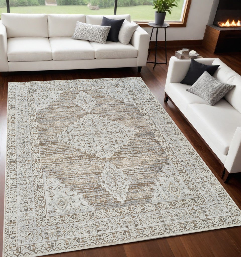 5' X 8' Beige and Brown Abstract Distressed Area Rug