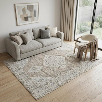 5' X 8' Beige and Brown Abstract Distressed Area Rug