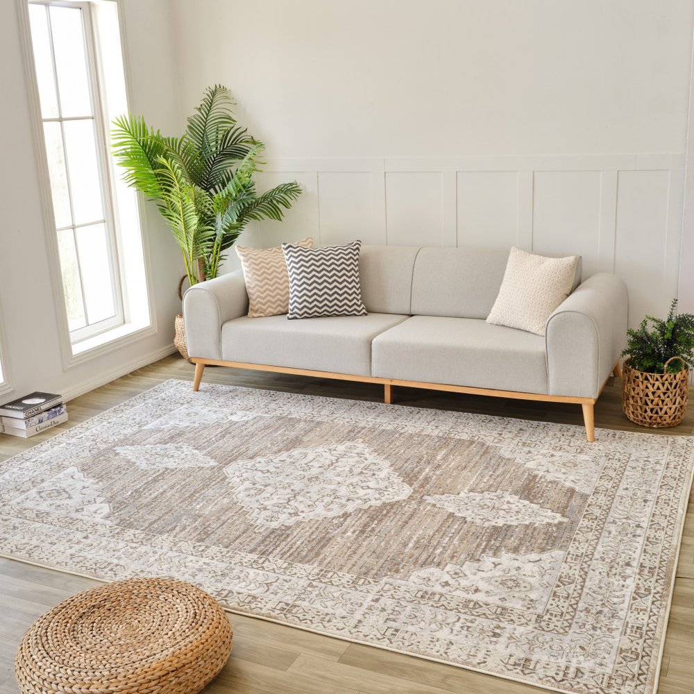 7' X 10' Beige and Brown Abstract Distressed Area Rug