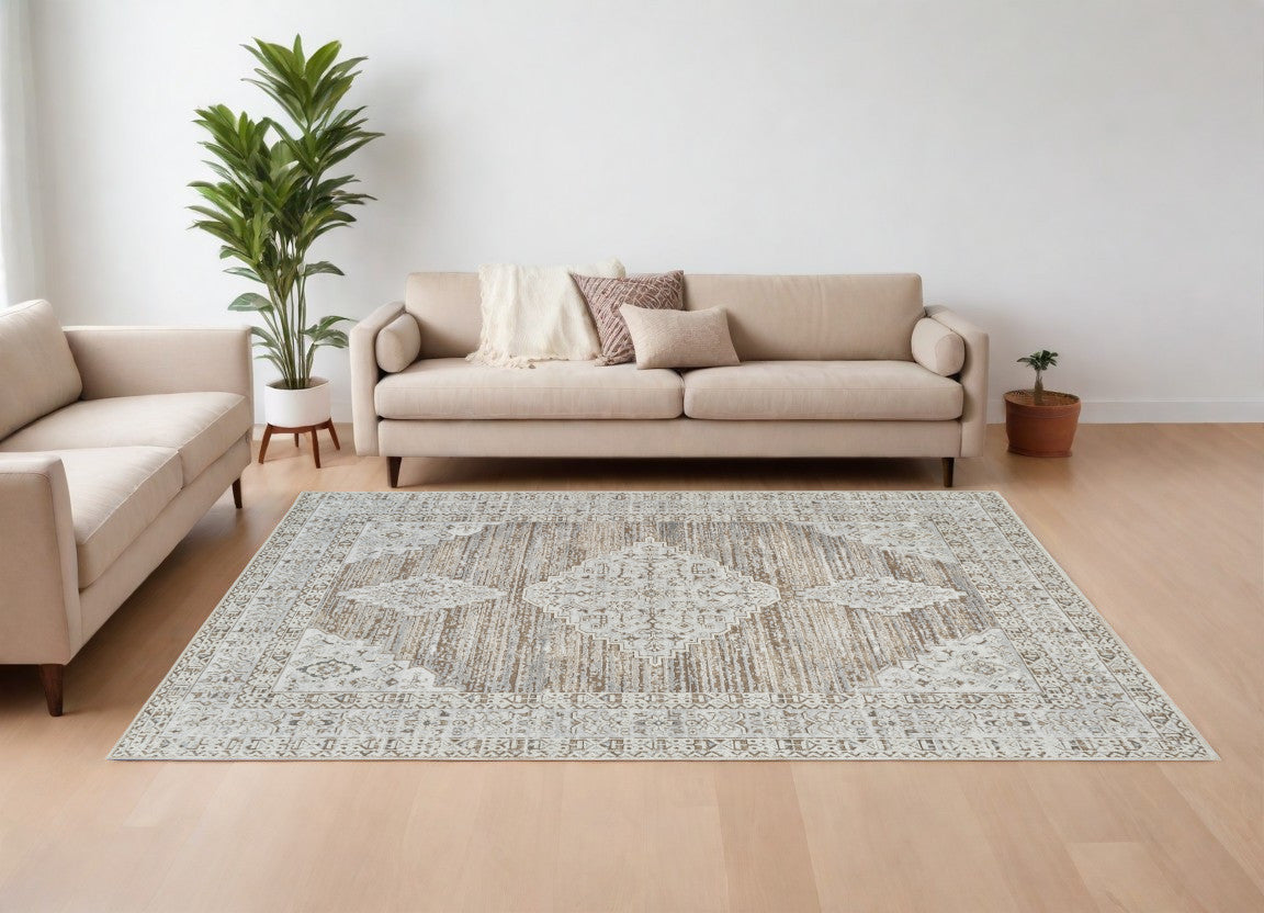 7' X 10' Beige and Brown Abstract Distressed Area Rug