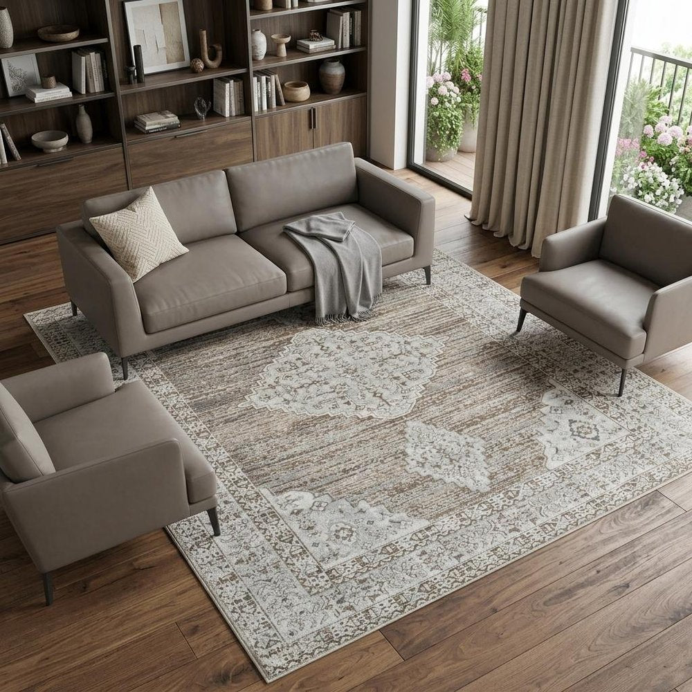 7' X 10' Beige and Brown Abstract Distressed Area Rug