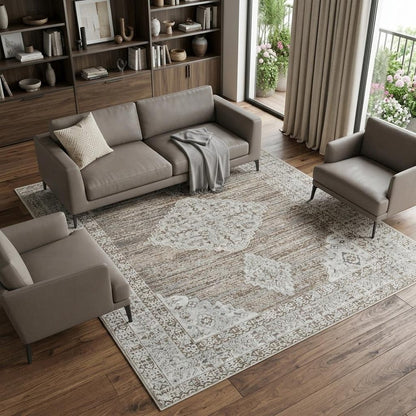 7' X 10' Beige and Brown Abstract Distressed Area Rug