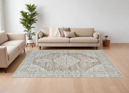 8' X 11' Beige and Brown Abstract Distressed Area Rug