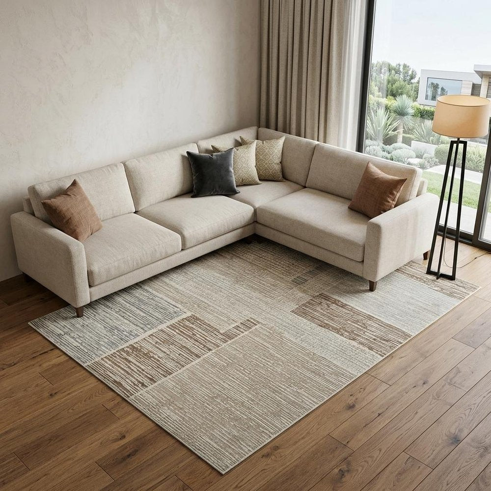 7' X 10' Beige and Brown Abstract Distressed Area Rug