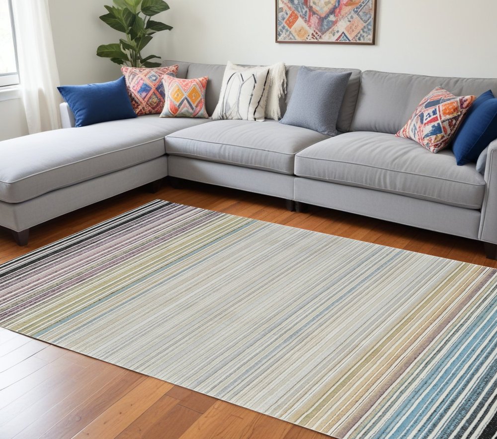 8' X 11' Beige and Blue Abstract Distressed Area Rug