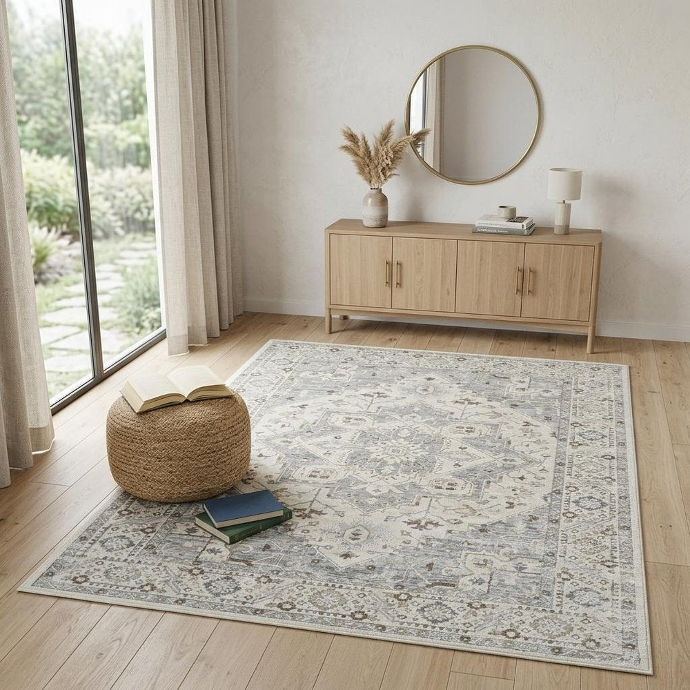 4' X 6' Gray and Beige Oriental Distressed Area Rug