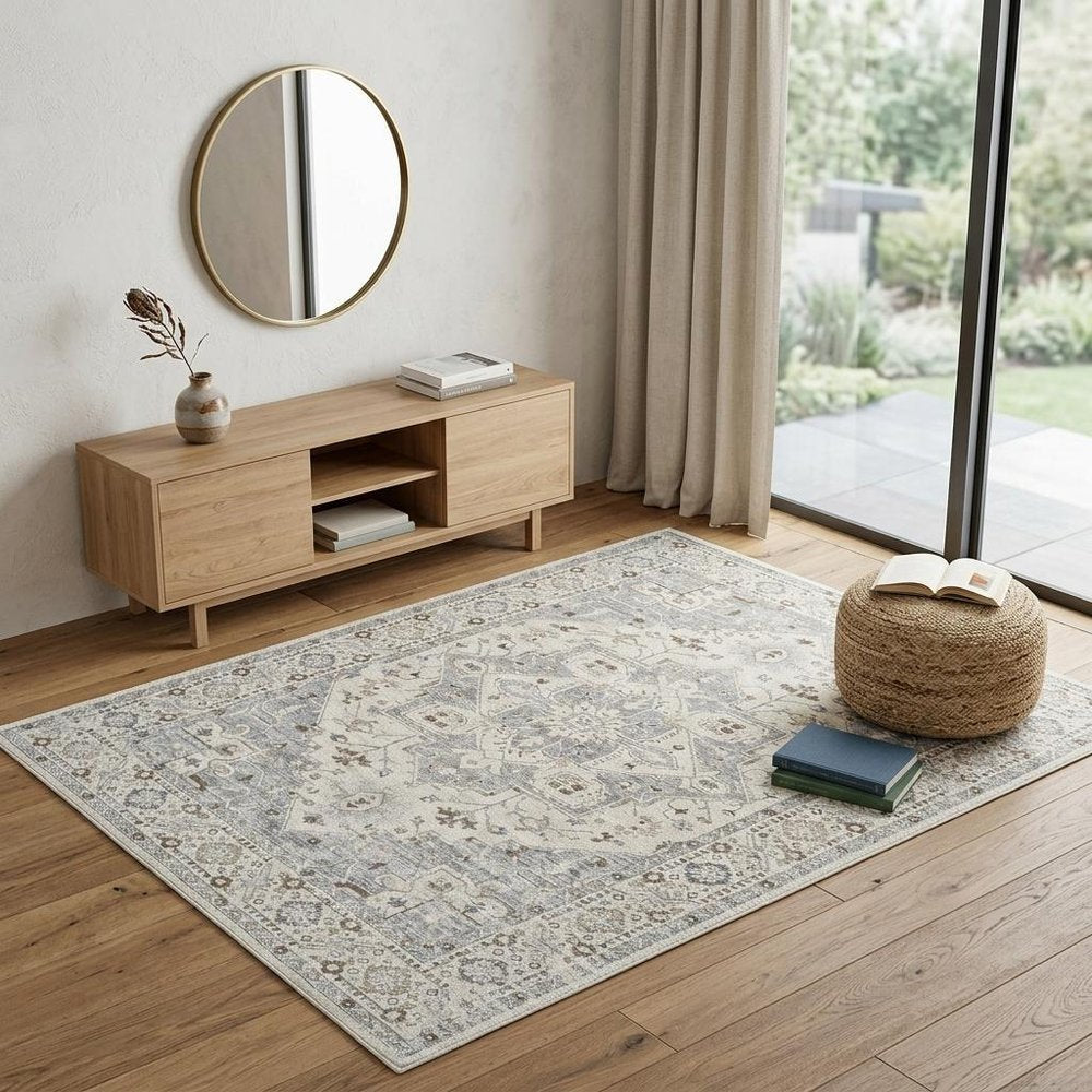 4' X 6' Gray and Beige Oriental Distressed Area Rug