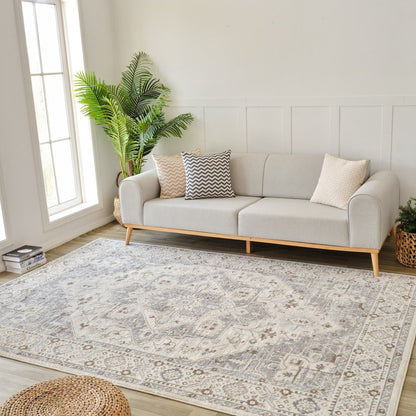 5' X 8' Gray and Beige Oriental Distressed Area Rug
