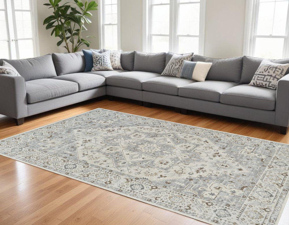 7' X 10' Gray and Beige Oriental Distressed Area Rug
