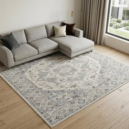 7' X 10' Gray and Beige Oriental Distressed Area Rug