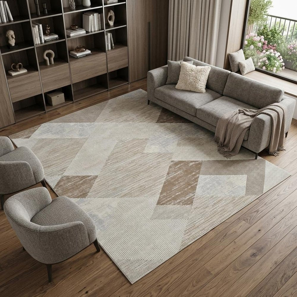 7' X 10' Beige and Brown Abstract Distressed Area Rug