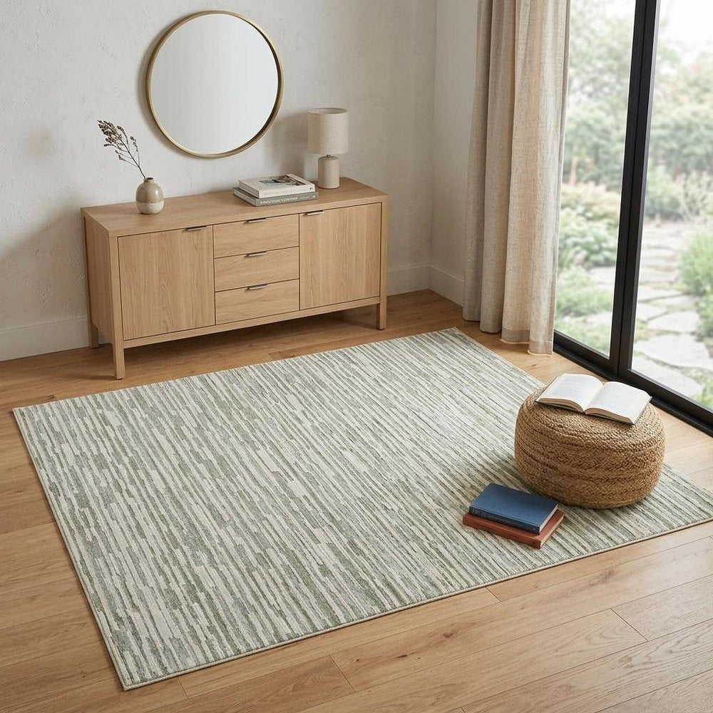 4' X 6' Beige and Green Abstract Distressed Area Rug