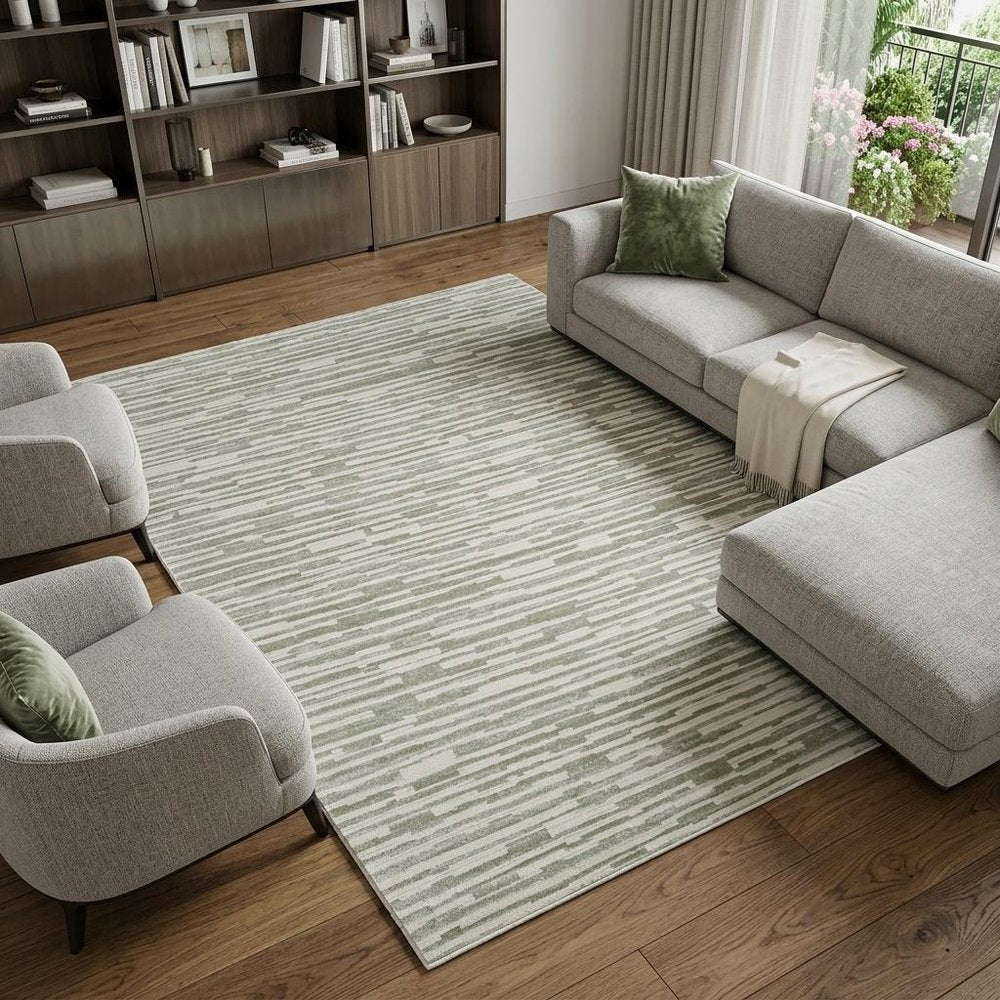 7' X 10' Beige and Green Abstract Distressed Area Rug