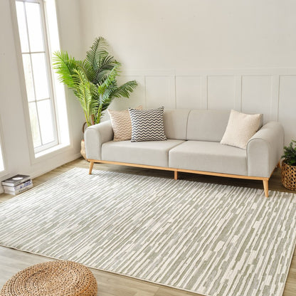 8' X 11' Beige and Green Abstract Distressed Area Rug