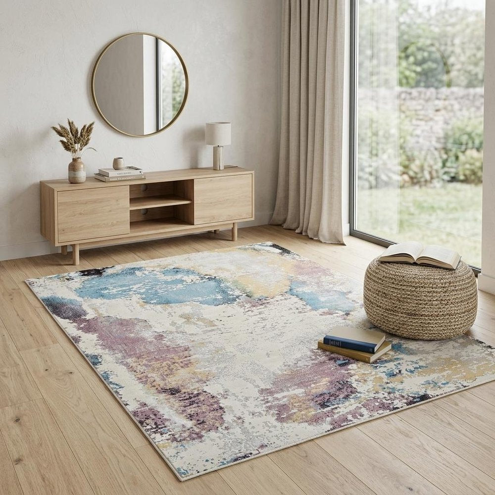 4' X 6' Beige and Blue Abstract Distressed Area Rug