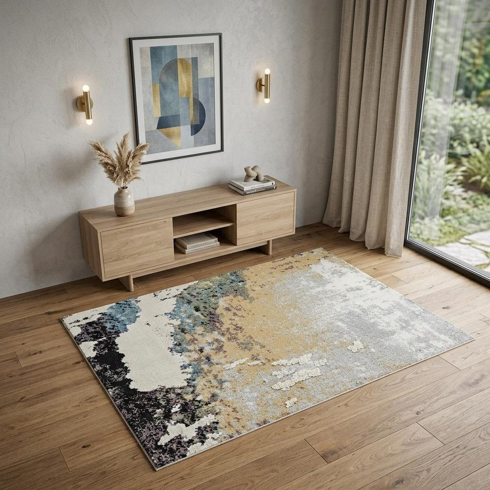 4' X 6' Beige and Blue Abstract Distressed Area Rug