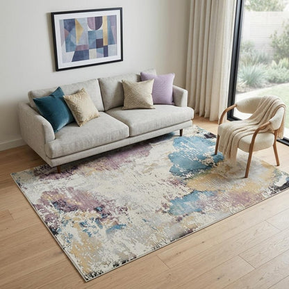 5' X 8' Beige and Blue Abstract Distressed Area Rug