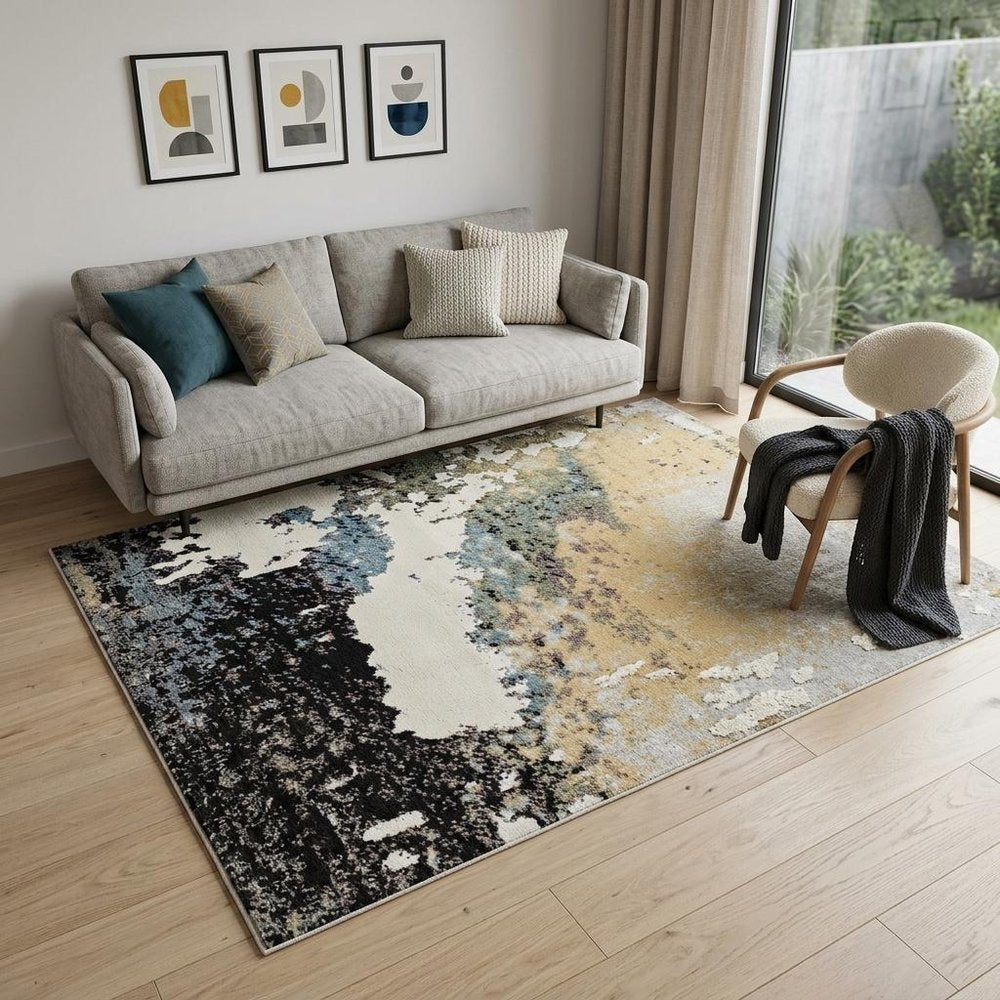 5' X 8' Beige and Blue Abstract Distressed Area Rug