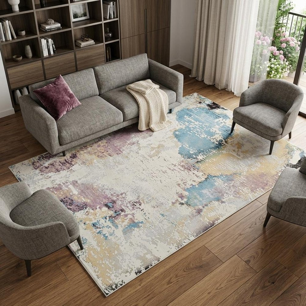 7' X 10' Beige and Blue Abstract Distressed Area Rug