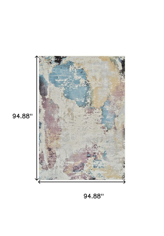 8' X 11' Beige and Blue Abstract Distressed Area Rug