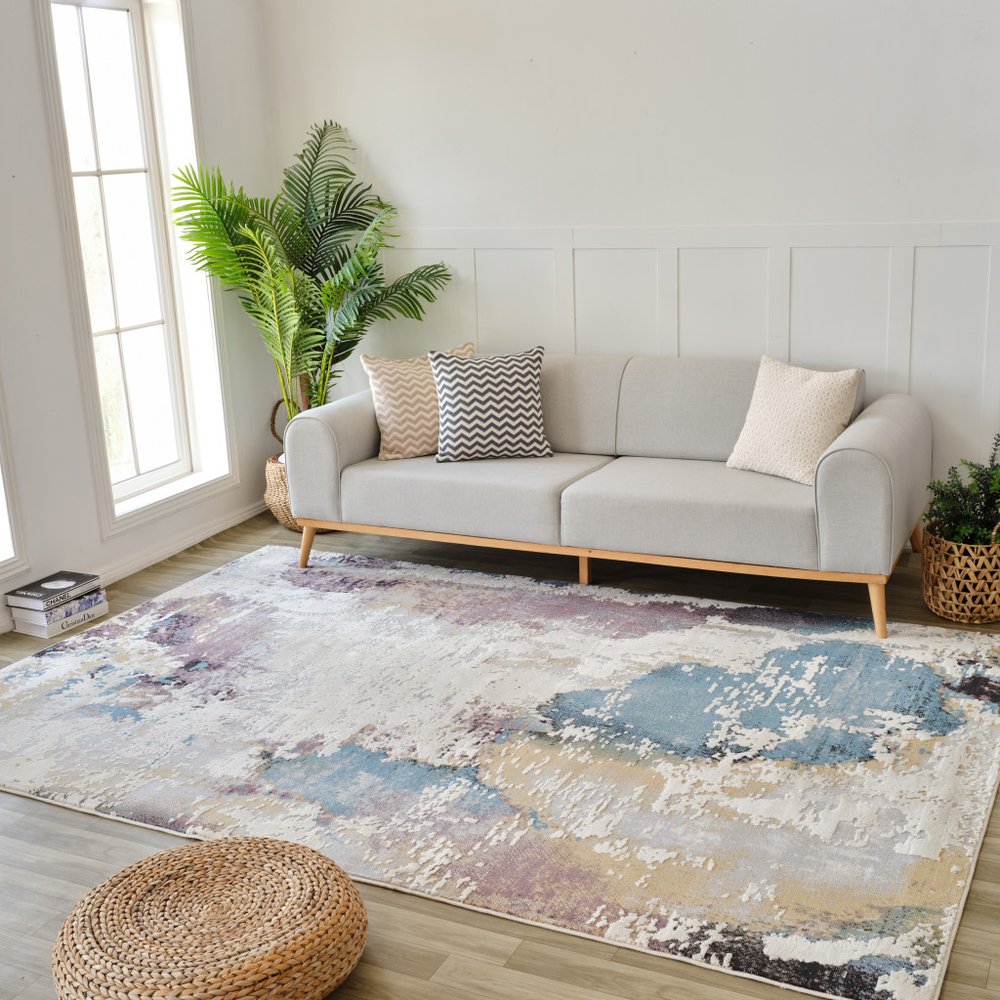 8' X 11' Beige and Blue Abstract Distressed Area Rug