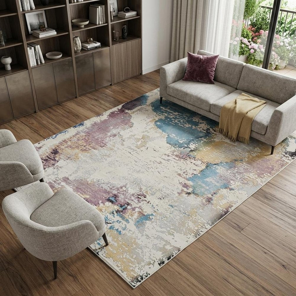 8' X 11' Beige and Blue Abstract Distressed Area Rug