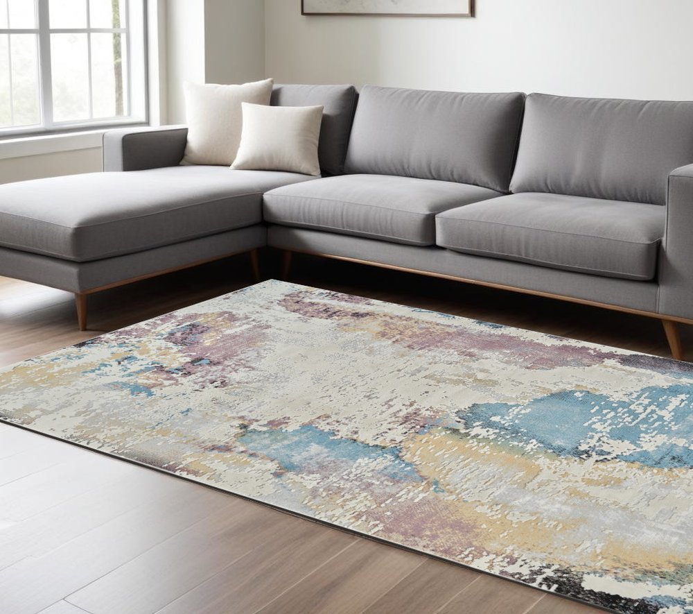 8' X 11' Beige and Blue Abstract Distressed Area Rug