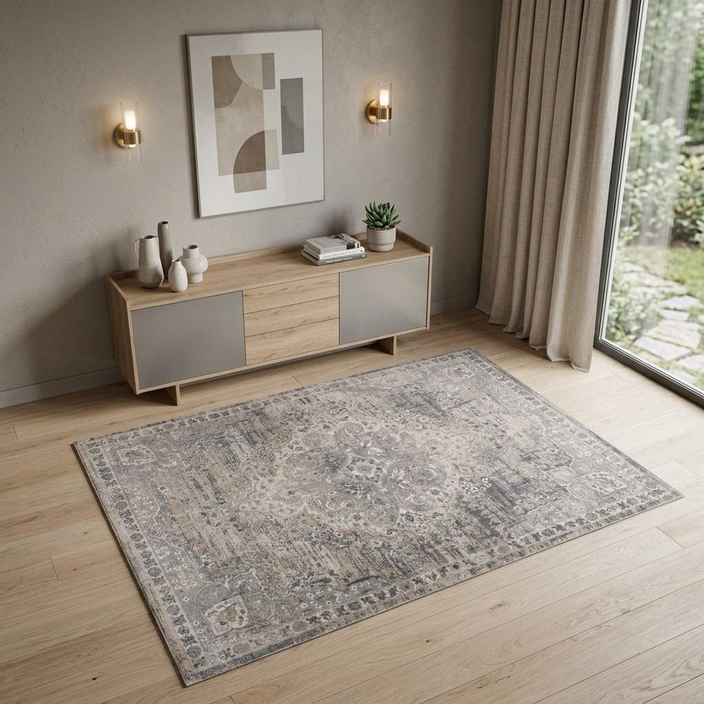 4' X 6' Gray and Beige Oriental Distressed Area Rug