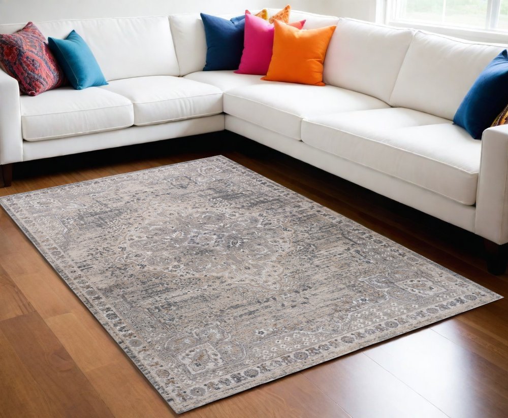 5' X 8' Gray and Beige Oriental Distressed Area Rug