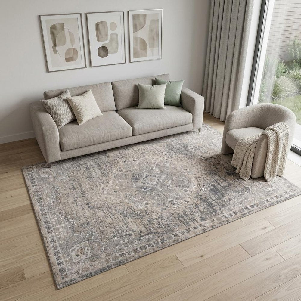 5' X 8' Gray and Beige Oriental Distressed Area Rug