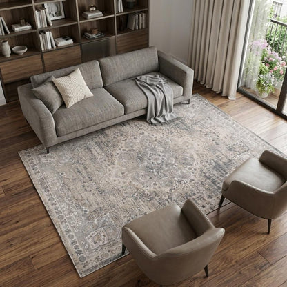 7' X 10' Gray and Beige Oriental Distressed Area Rug