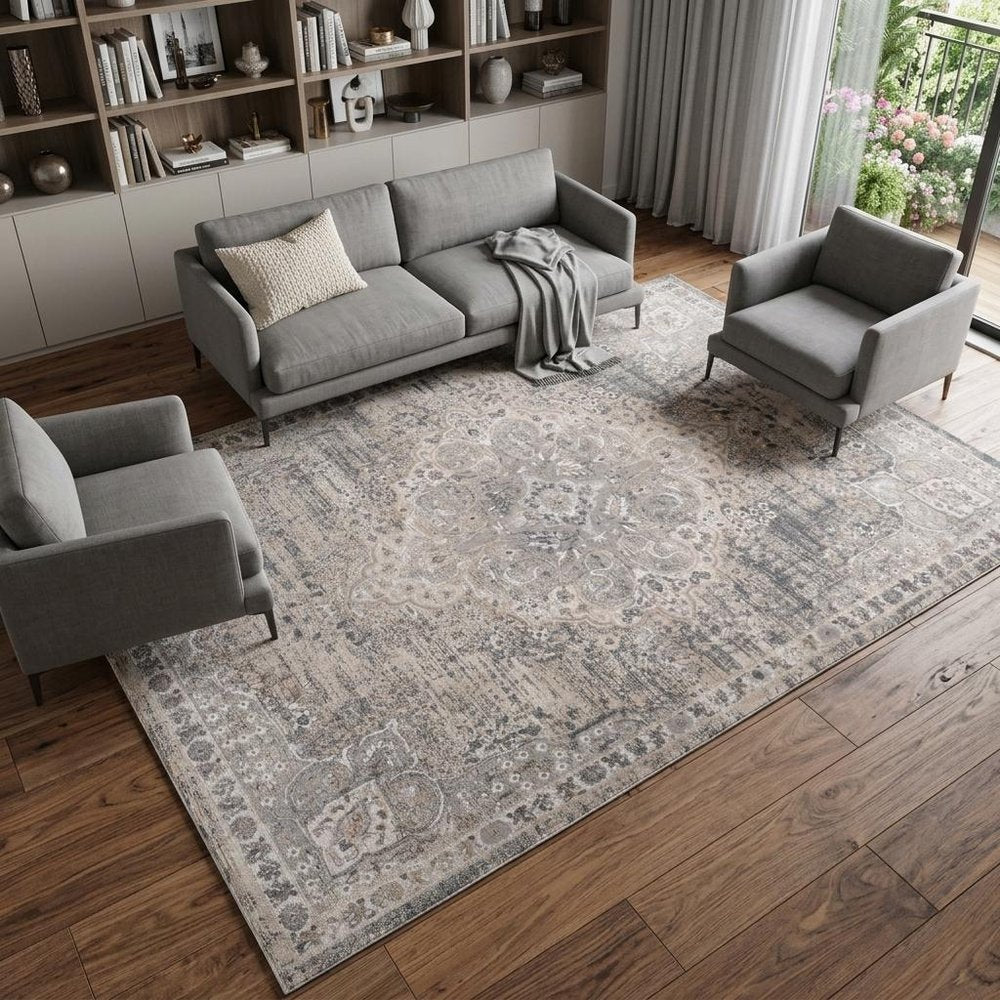 7' X 10' Gray and Beige Oriental Distressed Area Rug