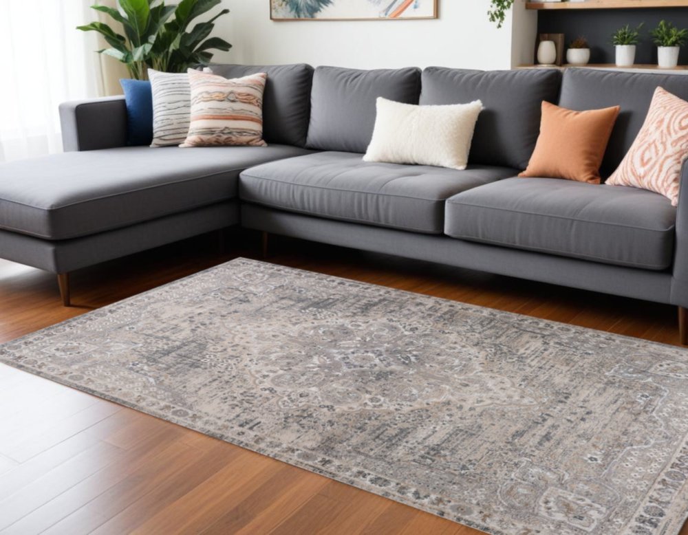 8' X 11' Gray and Beige Oriental Distressed Area Rug