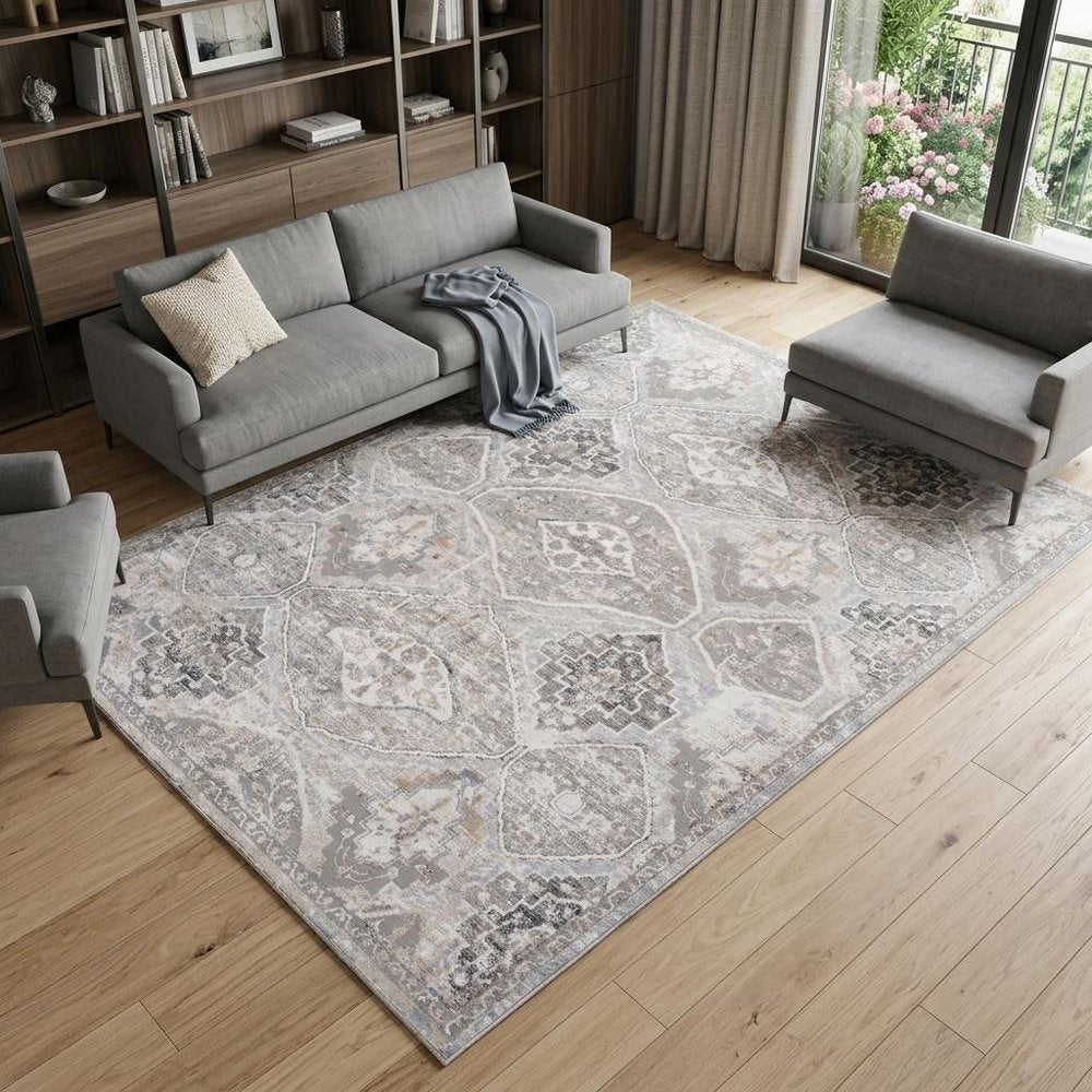 7' X 10' Blue and Gray Oriental Distressed Area Rug