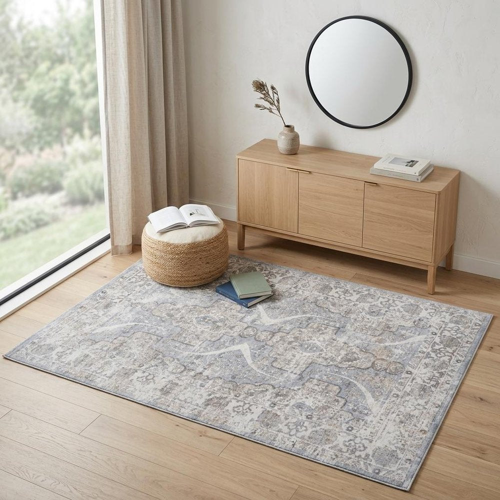 4' X 6' Blue and Gray Abstract Distressed Area Rug