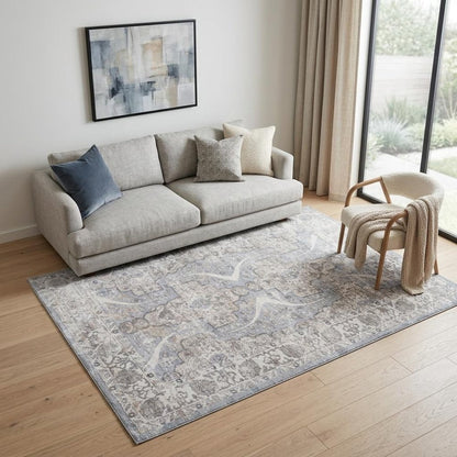 5' X 8' Blue and Gray Abstract Distressed Area Rug