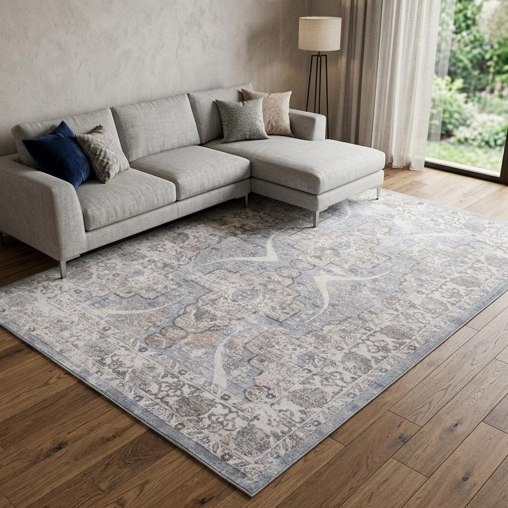 7' X 10' Blue and Gray Abstract Distressed Area Rug