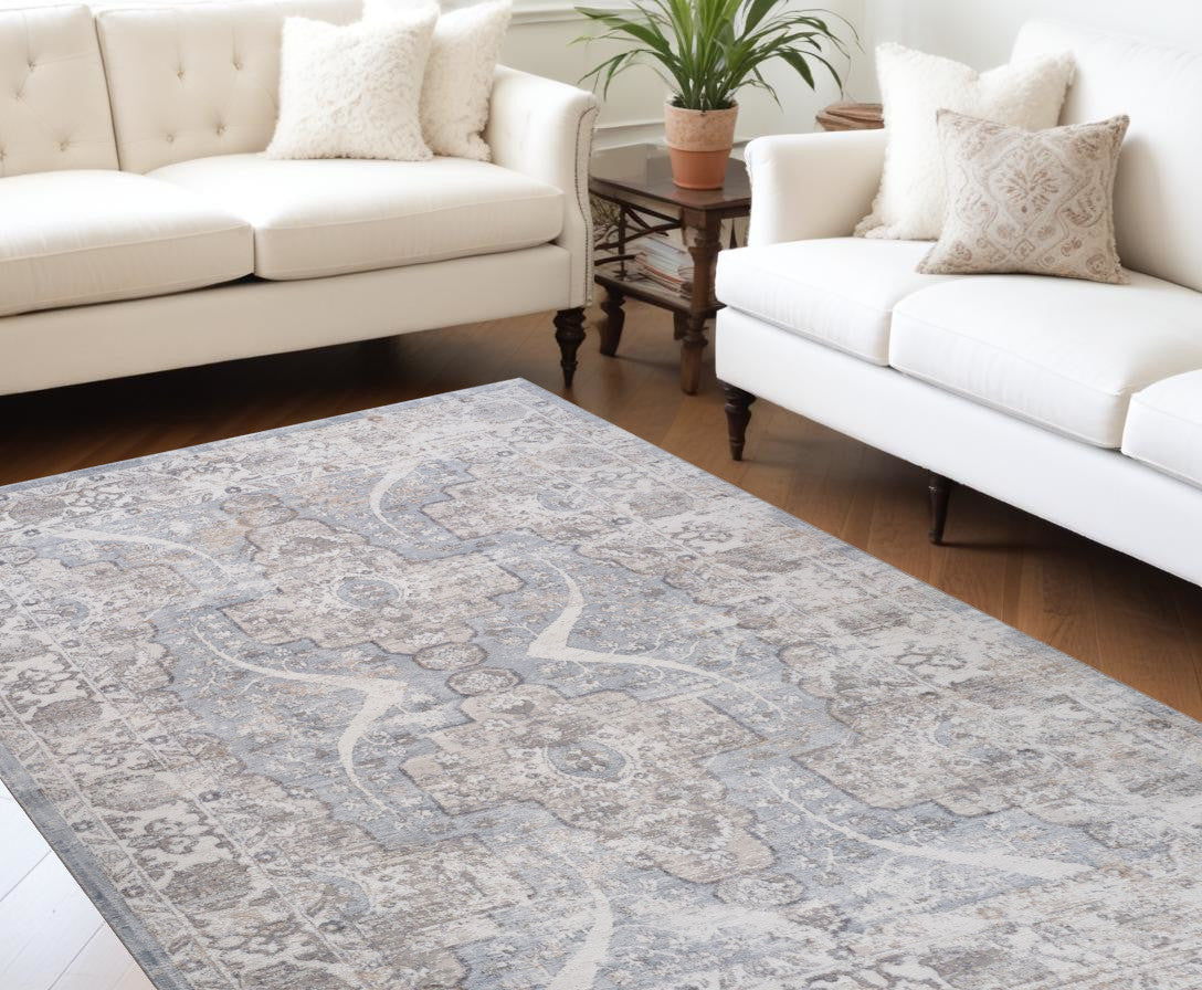 8' X 11' Blue and Gray Abstract Distressed Area Rug