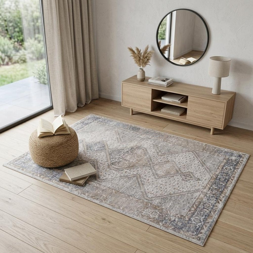 4' X 6' Beige and Gray Abstract Distressed Area Rug