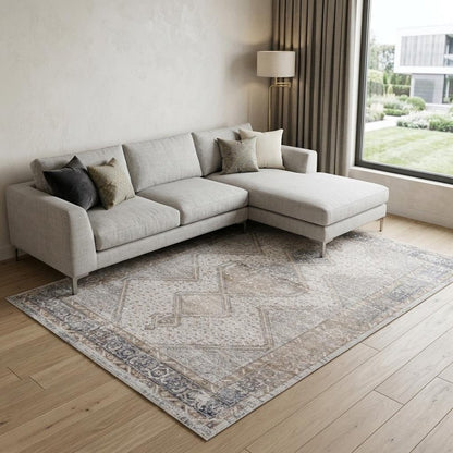 7' X 10' Beige and Gray Abstract Distressed Area Rug