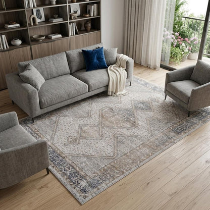 7' X 10' Beige and Gray Abstract Distressed Area Rug