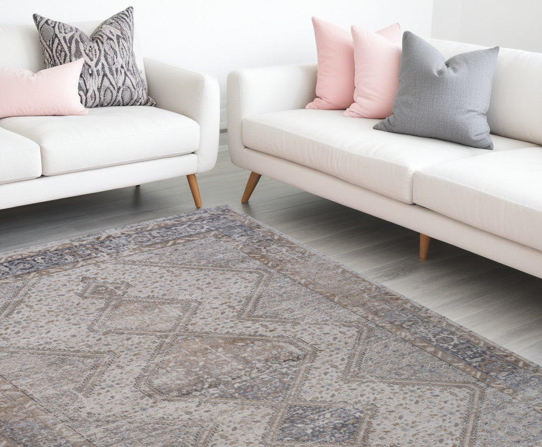 7' X 10' Beige and Gray Abstract Distressed Area Rug