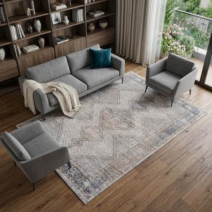 8' X 11' Beige and Gray Abstract Distressed Area Rug
