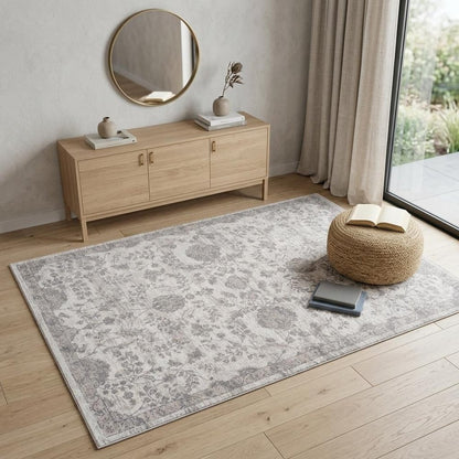 4' X 6' Beige and Gray Floral Distressed Area Rug