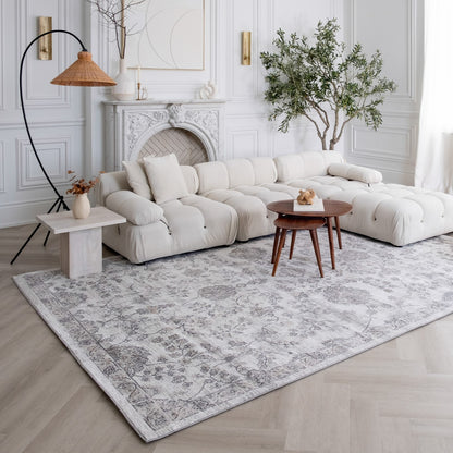 4' X 6' Beige and Gray Floral Distressed Area Rug