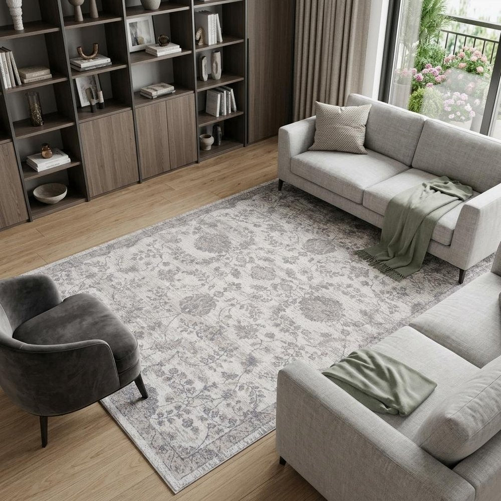 7' X 10' Beige and Gray Floral Distressed Area Rug