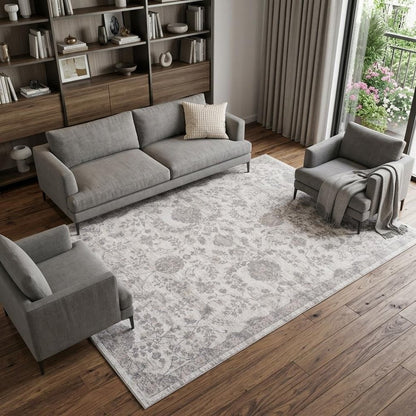 7' X 10' Beige and Gray Floral Distressed Area Rug