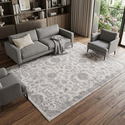 8' X 11' Beige and Gray Floral Distressed Area Rug