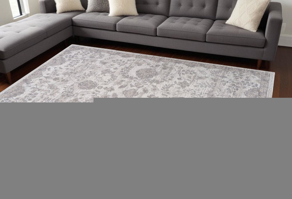 8' X 11' Beige and Gray Floral Distressed Area Rug