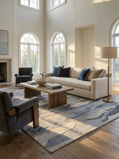 5' X 8' Blue and Beige Abstract Distressed Area Rug